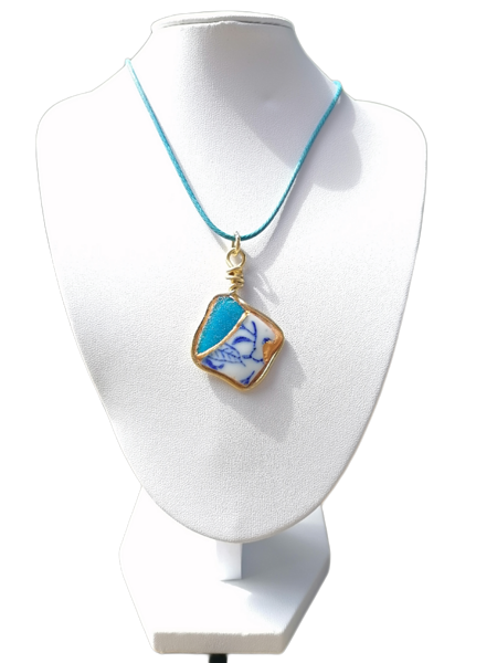 Flower Ceramic + Frosted  Blue Sea Glass 